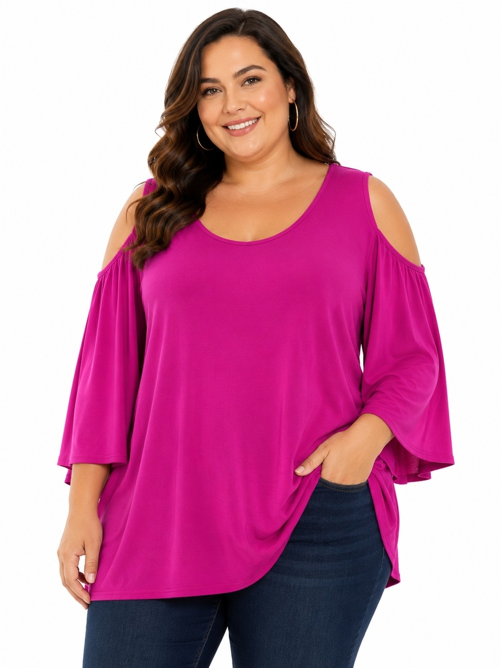 Attitudes by Renee Plus Size Cold-Shoulder Tunic in Magenta